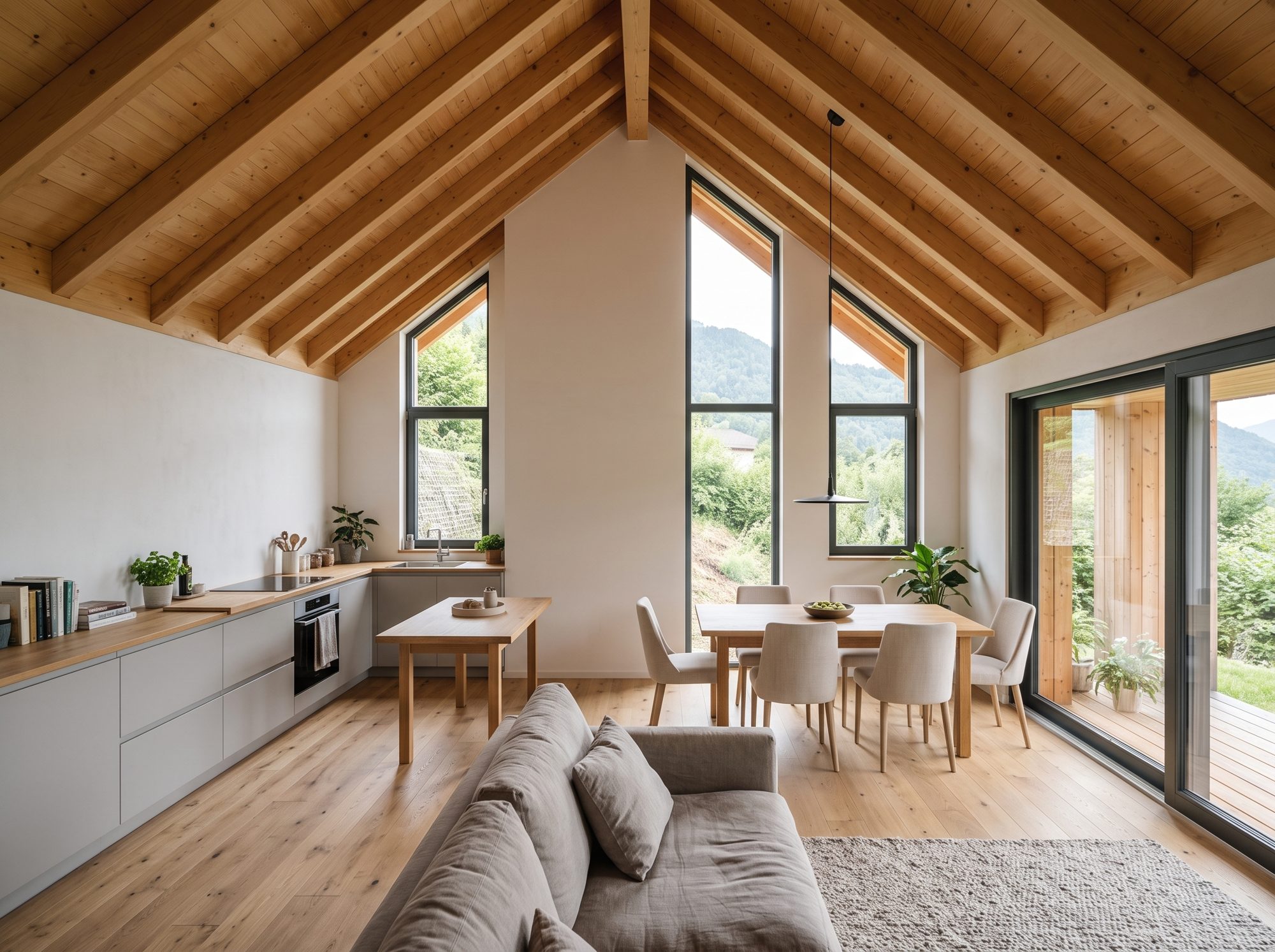 Rendering del soggiorno a doppia altezza dalla vista di progetto.